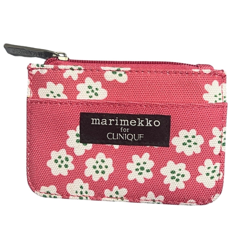Marimekko‎ Clinique Card Case OS Pink White Floral Canvas Zip Coin Purse Wallet